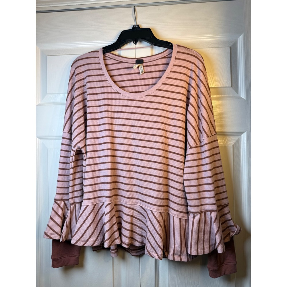Free People We The Free Waffle Knit Stripe Peplum Ruffle Top Long Sleeve